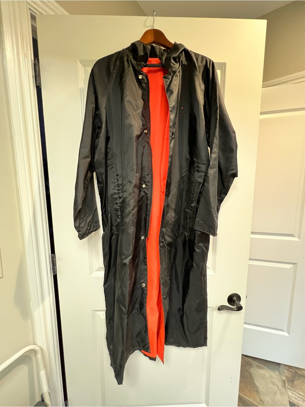 Vintage Rainfair Police-Style Men’s Raincoat | Black + Bright Orange | Made in U